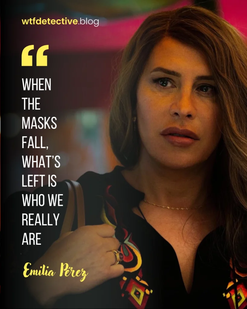 Emilia Pérez 2024 movie quote, Emilia Pérez movie Netflix dialogues and lines,  Manitas Del Monte quote,  Karla Sofía Gascón Quote, masks fall