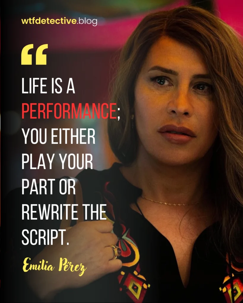 Emilia Pérez 2024 movie quote, Emilia Pérez movie Netflix dialogues and lines,  Manitas Del Monte quote,  Karla Sofía Gascón Quote, rewrite the script, life is performance