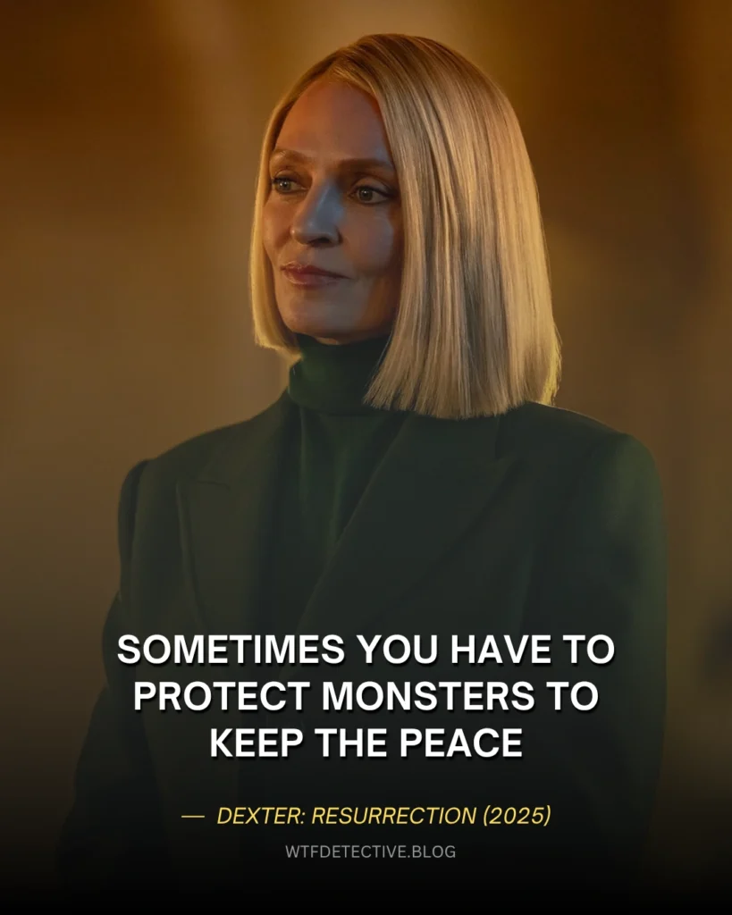 25+ Best Quotes from Dexter Resurrection (2025) Sometimes you have to protect monsters to keep the peace, Charley (Uma Thurman) Quotes, dexter resurrection 2025 line scene