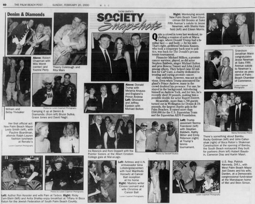 Recently leaked Epstein photos and videos expose deeper Trump ties — his angry response speaks volumes 2000-02-20 The Palm Beach Post Column: Thom Smith's Society Snapshots Event: Denim & Diamonds Trump, Melania, Epstein, Ghrislaine