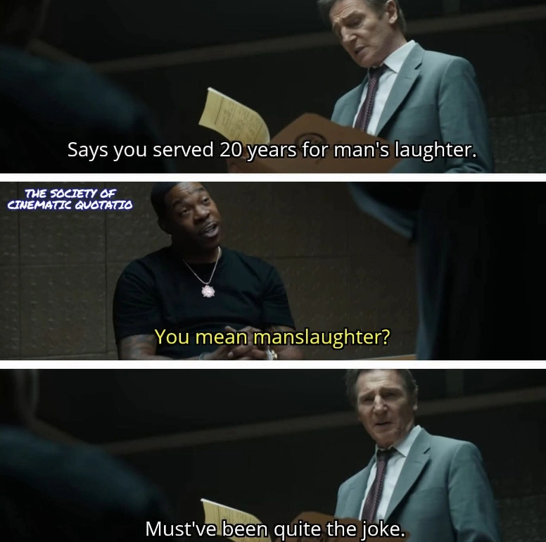 naked gun 2025 quotes, liam neeson, funny joke comedy scene, mans laughter joke