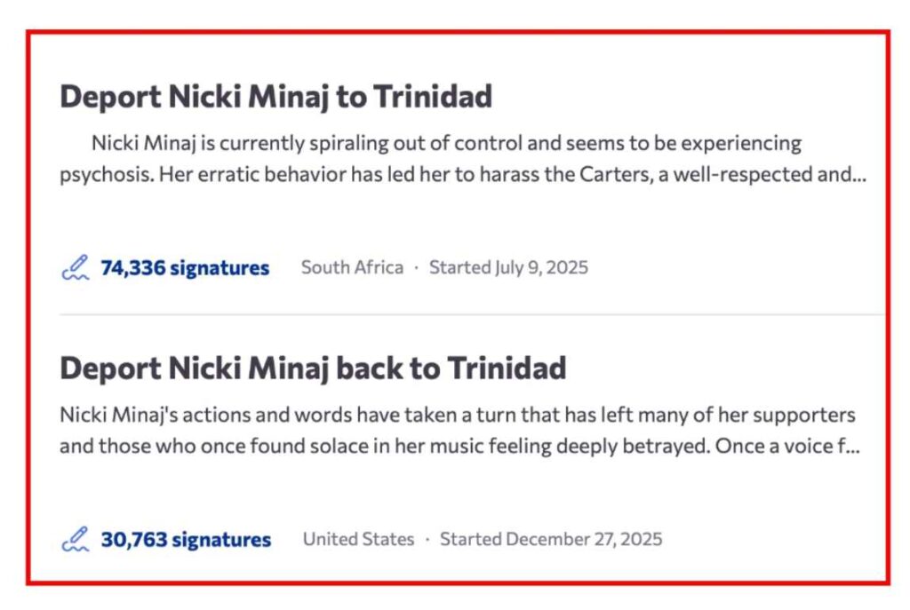 “Her career is gone now”, Deportation petitions against Nicki Minaj top 100,000 signatures and show no sign of slowing