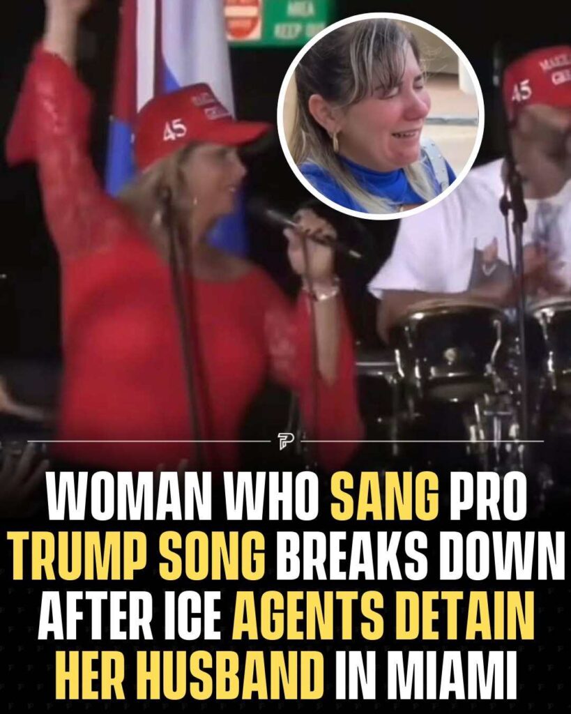 Woman who went viral for singing the “Vote Trump” anthem at a MAGA rally is in shock after ICE detained her husband
